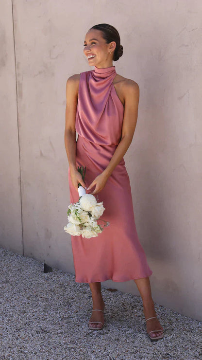 Satin V-Neck Flowing Maxi Dress