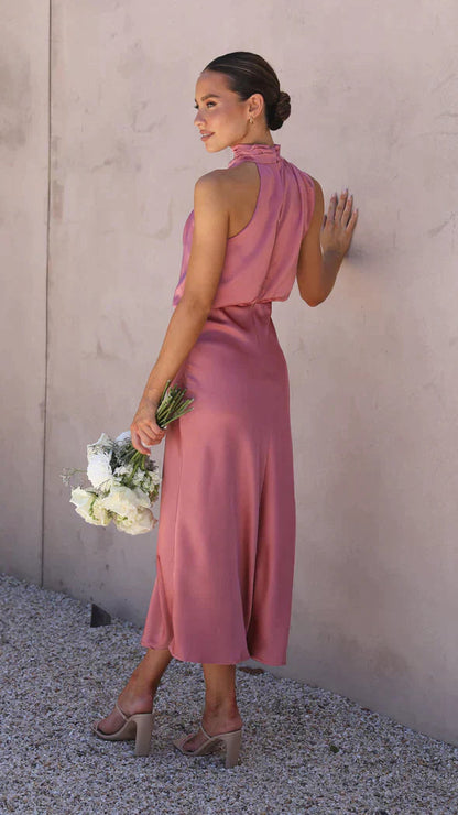 Satin V-Neck Flowing Maxi Dress