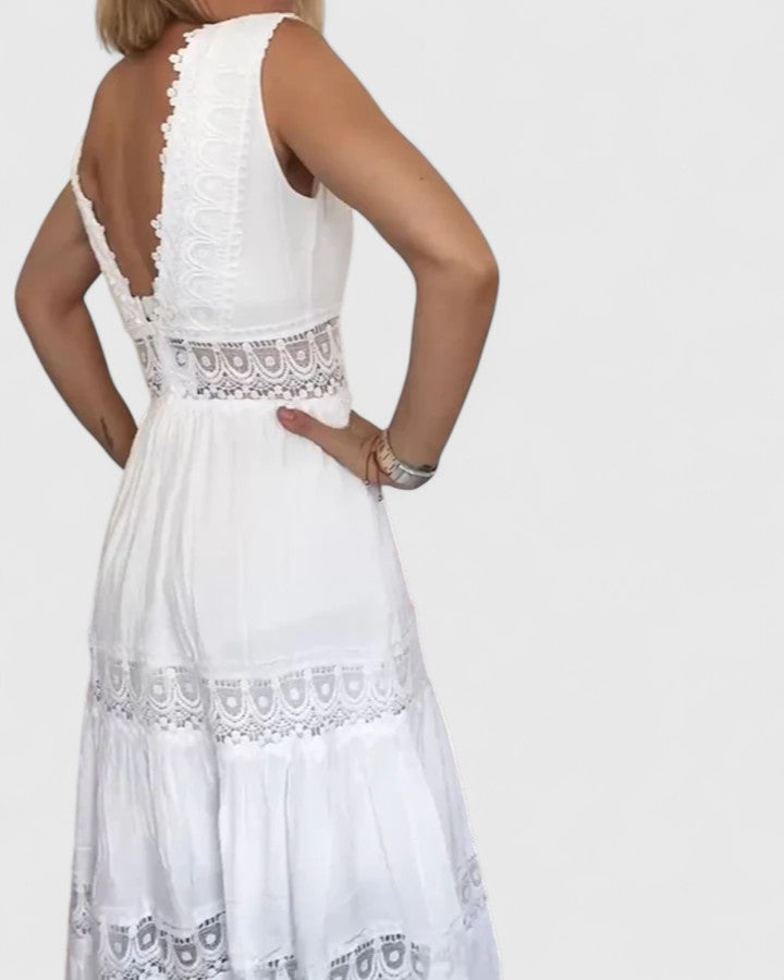 Sleeveless Scalloped V Neck White Dress