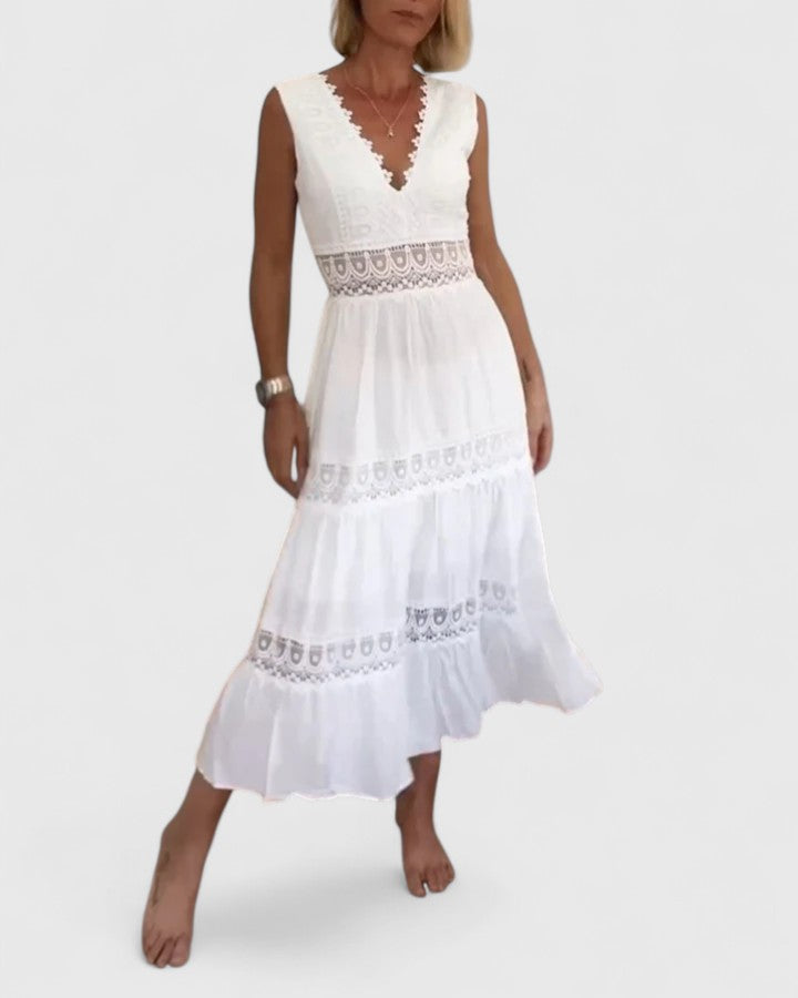 Sleeveless Scalloped V Neck White Dress