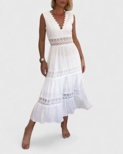 Sleeveless Scalloped V Neck White Dress