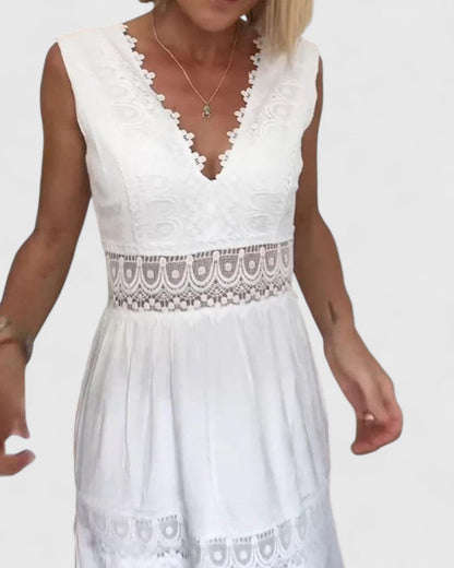 Sleeveless Scalloped V Neck White Dress