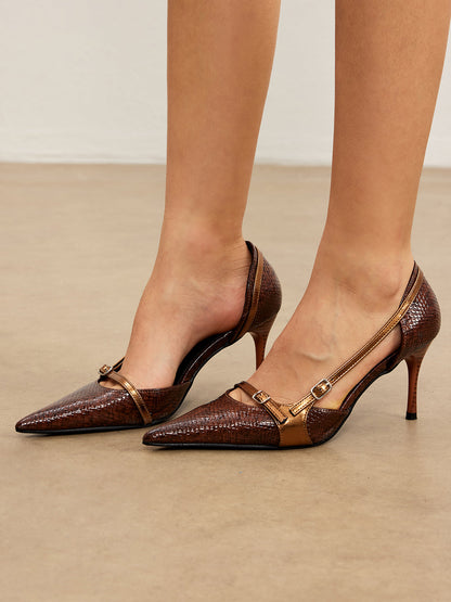 Snakeskin Print Buckle Detail Pumps