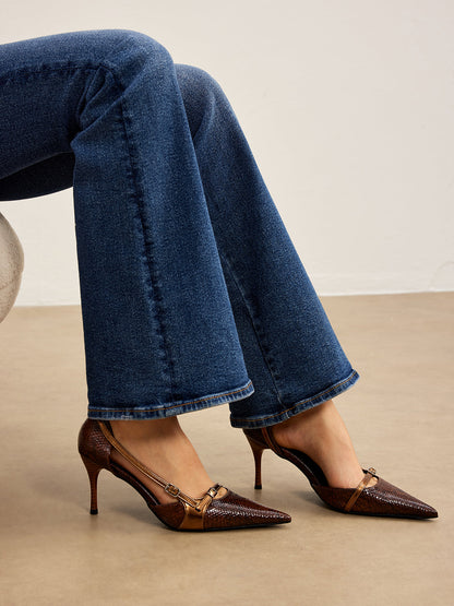 Snakeskin Print Buckle Detail Pumps