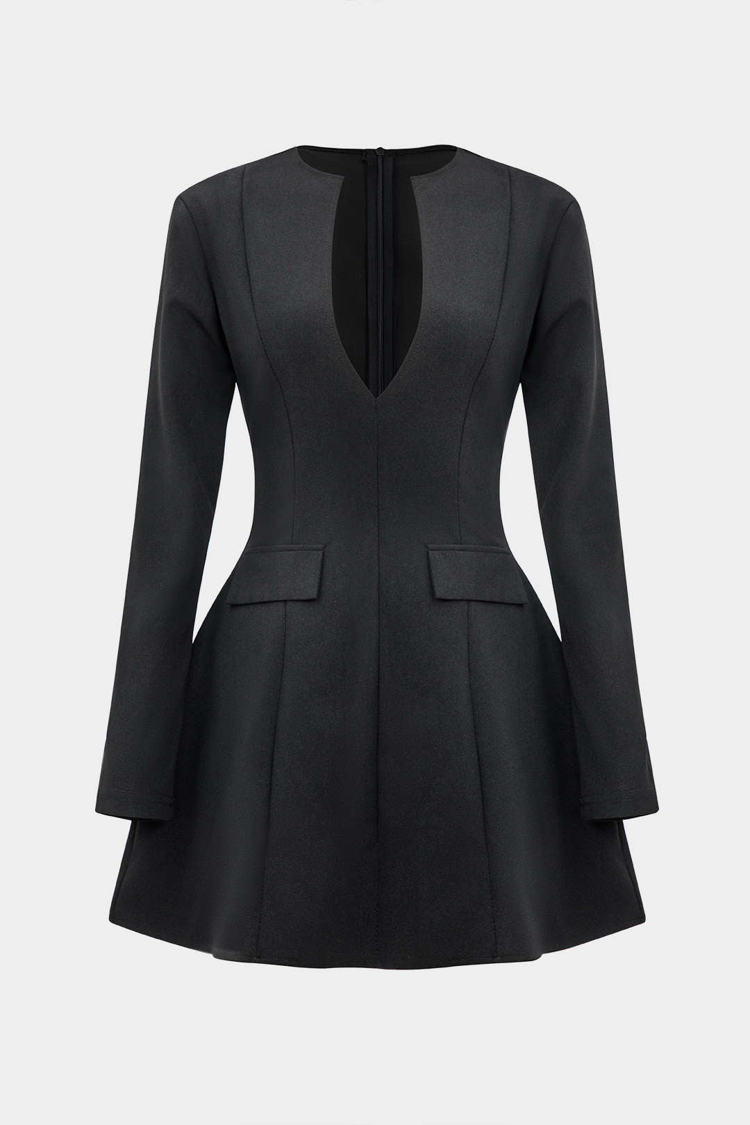Solid V-Neck Mini Dress with Faux Pockets