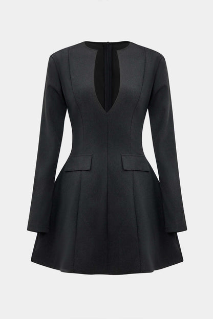 Solid V-Neck Mini Dress with Faux Pockets