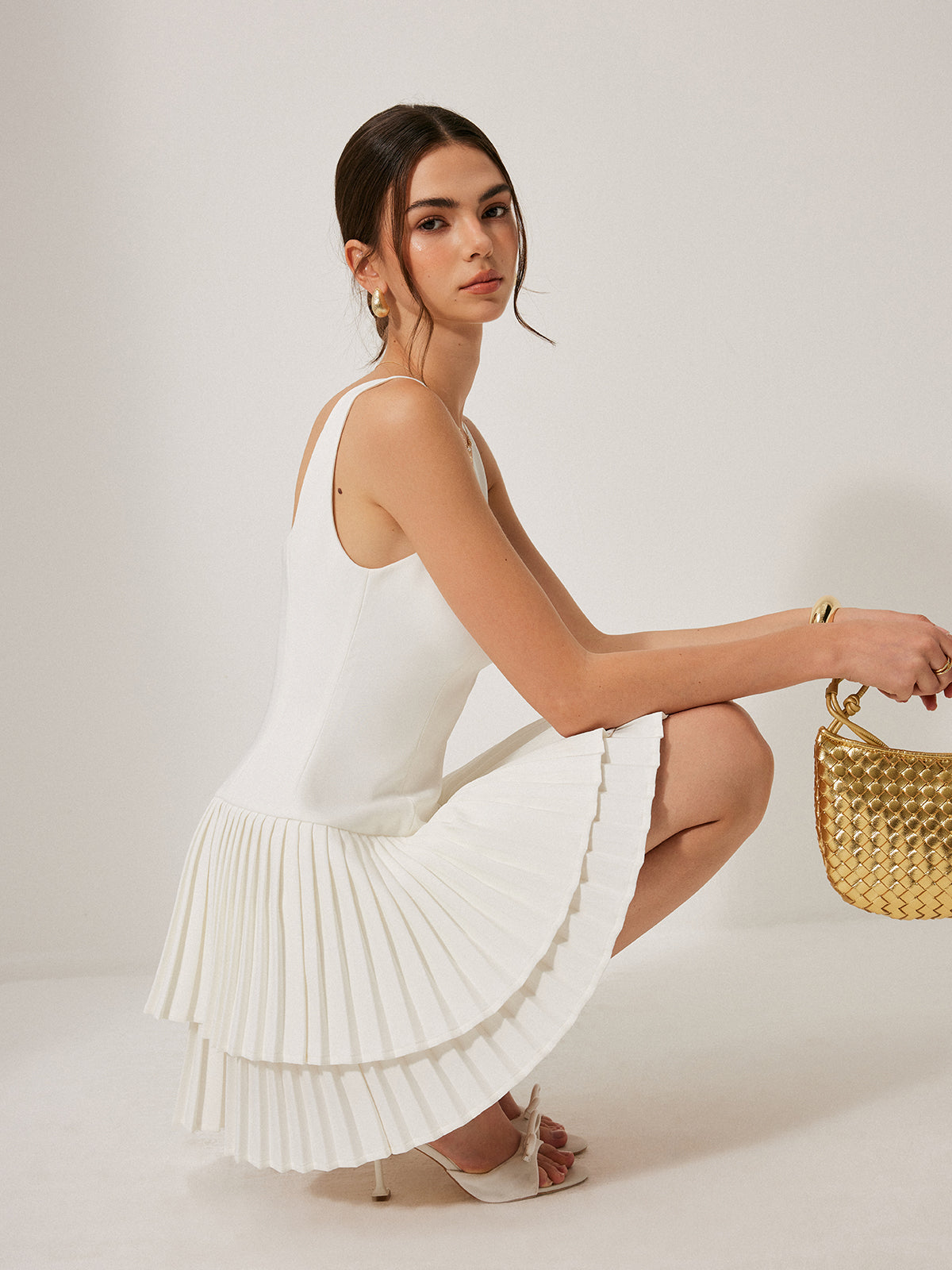 Square Neck Pleated Detail Cocktail Dress