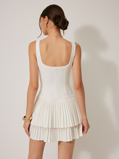 Square Neck Pleated Detail Cocktail Dress
