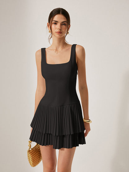 Square Neck Pleated Detail Cocktail Dress