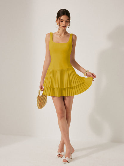 Square Neck Pleated Detail Cocktail Dress