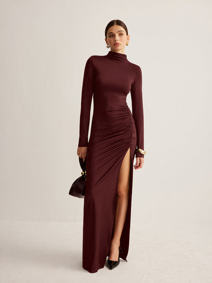 Stand Collar Pleated Jersey Maxi Dress
