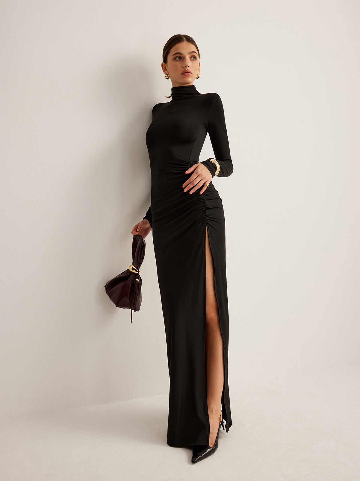 Stand Collar Pleated Jersey Maxi Dress