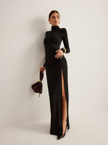 Stand Collar Pleated Jersey Maxi Dress