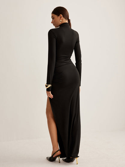 Stand Collar Pleated Jersey Maxi Dress