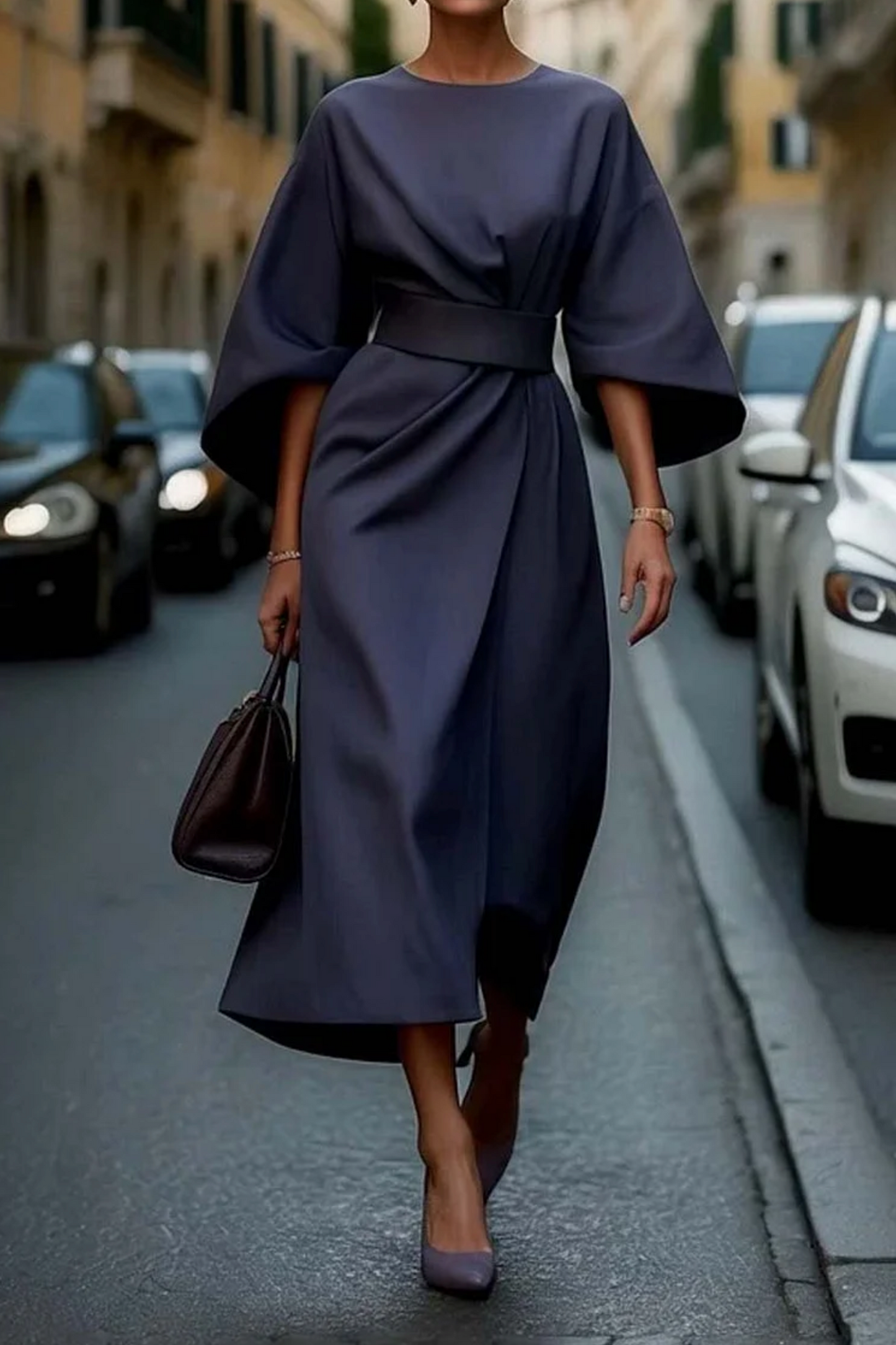 Structured Lantern Sleeve Midi Dress
