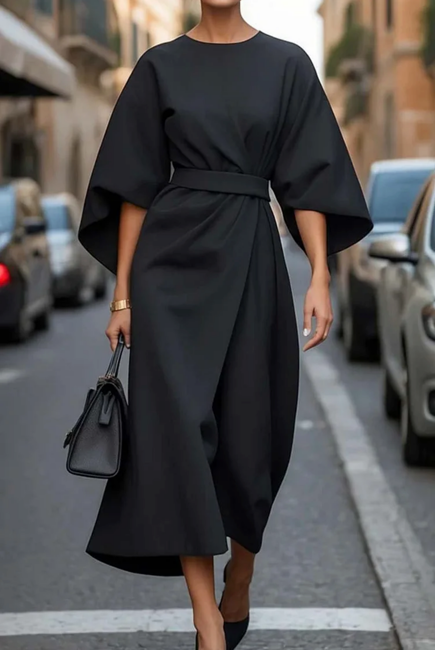 Structured Lantern Sleeve Midi Dress