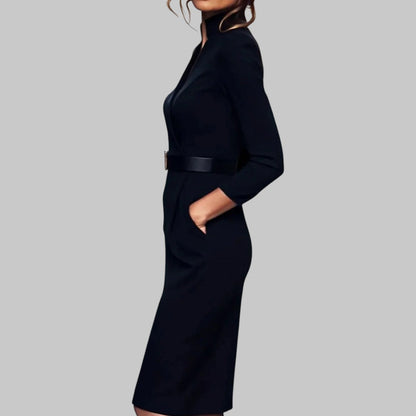 Structured Long Sleeve Belted Black Dress