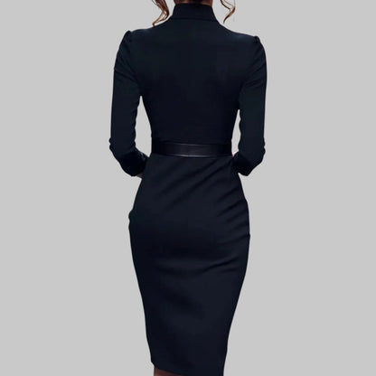 Structured Long Sleeve Belted Black Dress