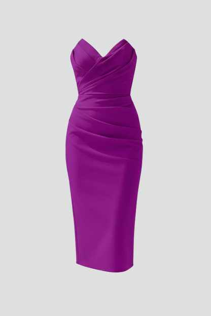 Structured Strapless Ruched Midi Dress