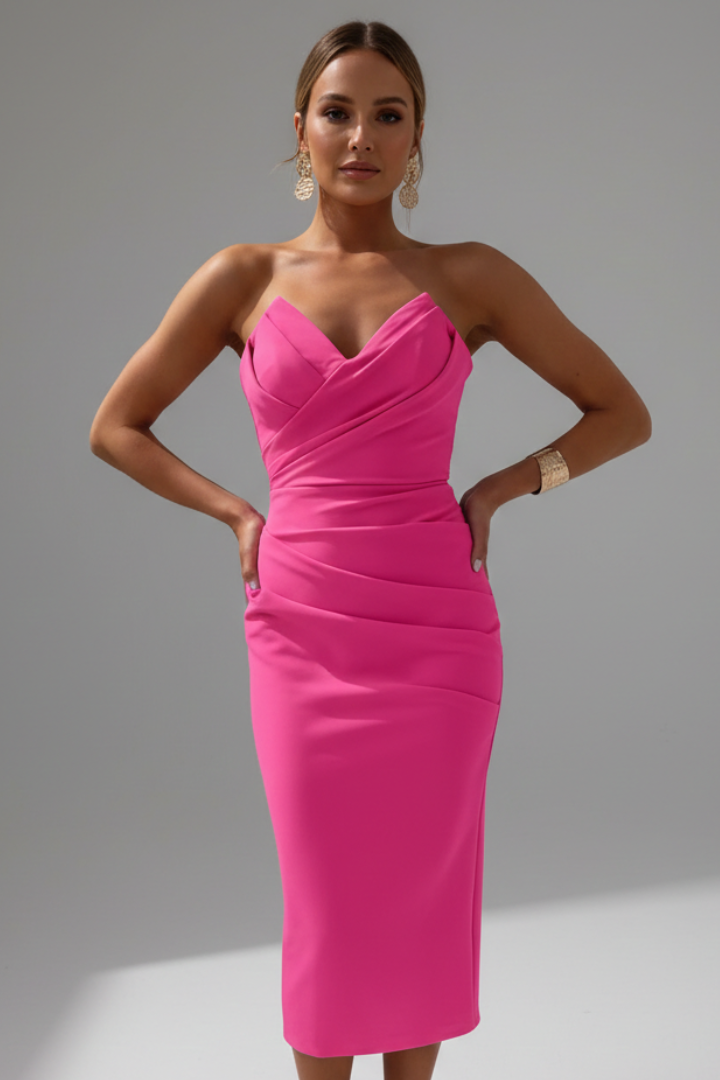 Structured Strapless Ruched Midi Dress