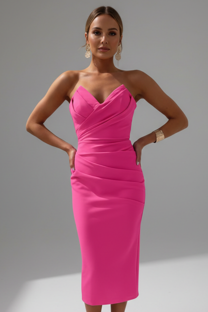 Structured Strapless Ruched Midi Dress