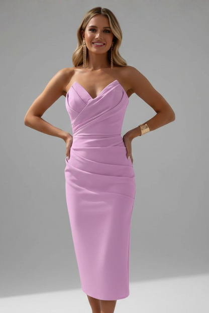 Structured Strapless Ruched Midi Dress