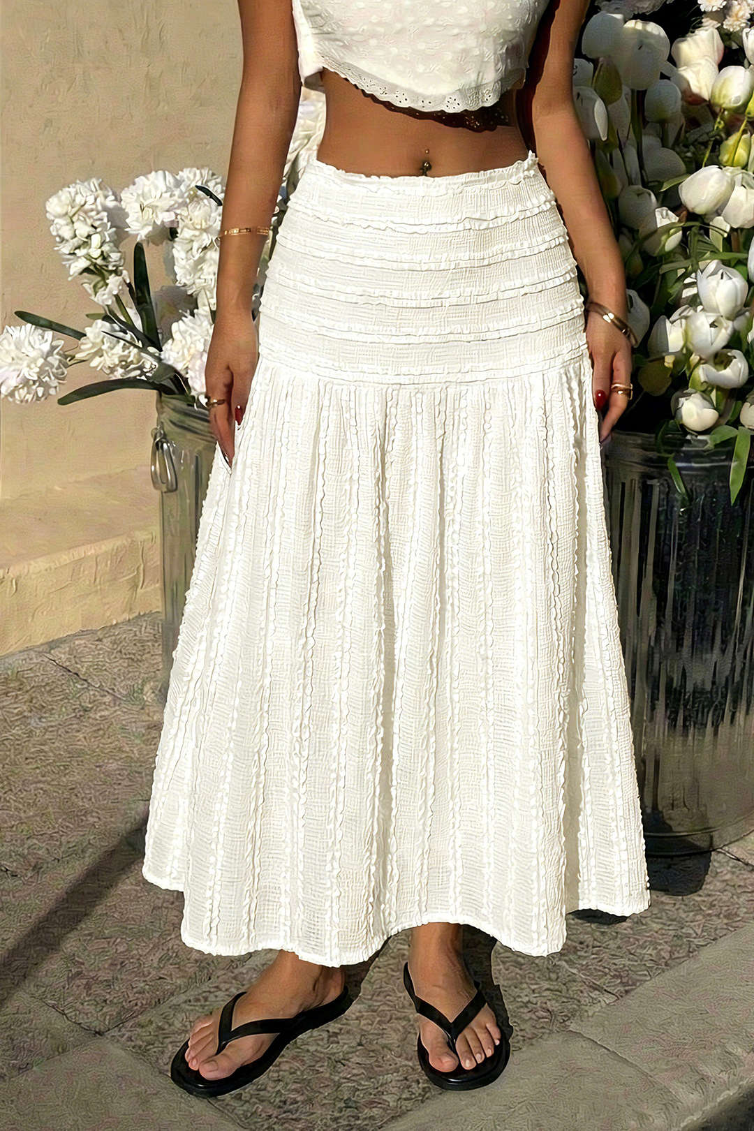 Textured High Waist Midi Skirt