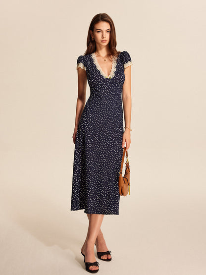 V-Neck Polka Dot Rayon Maxi Dress