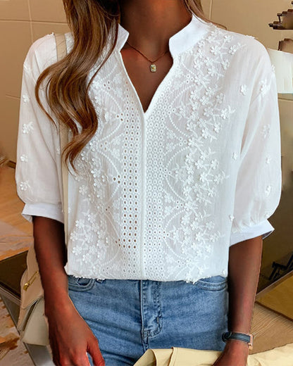 V-Neck Puff Sleeve White Blouse