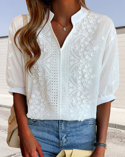 V-Neck Puff Sleeve White Blouse