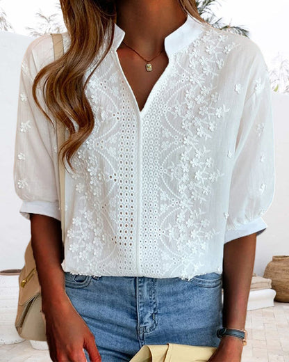V-Neck Puff Sleeve White Blouse