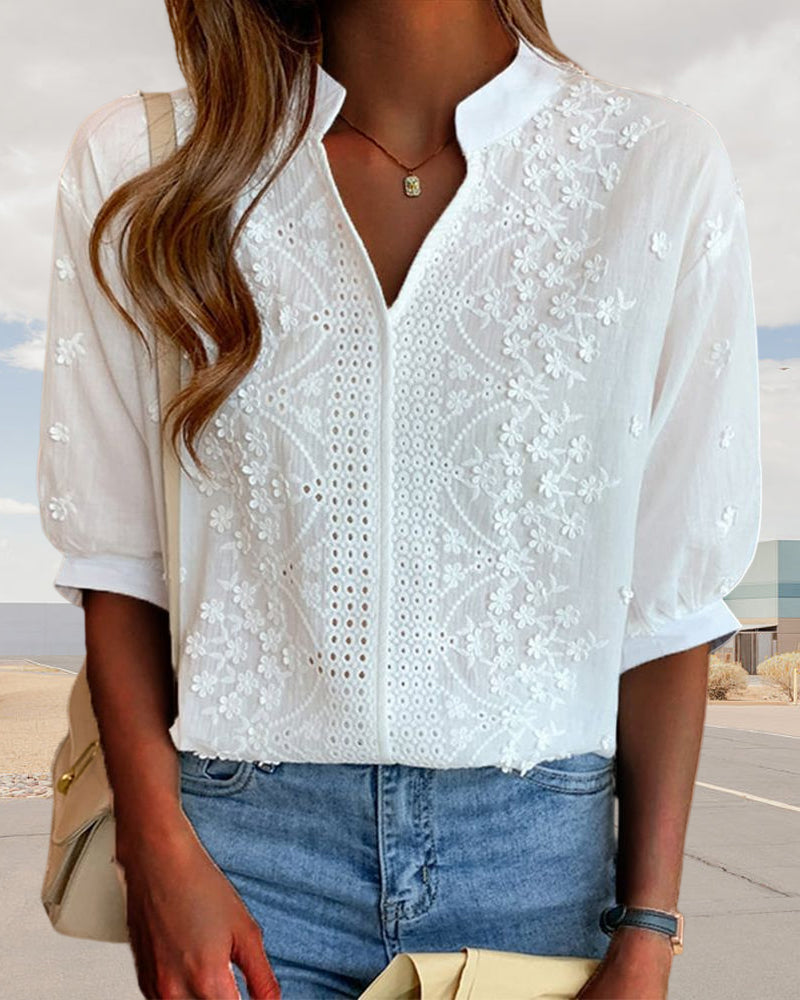 V-Neck Puff Sleeve White Blouse