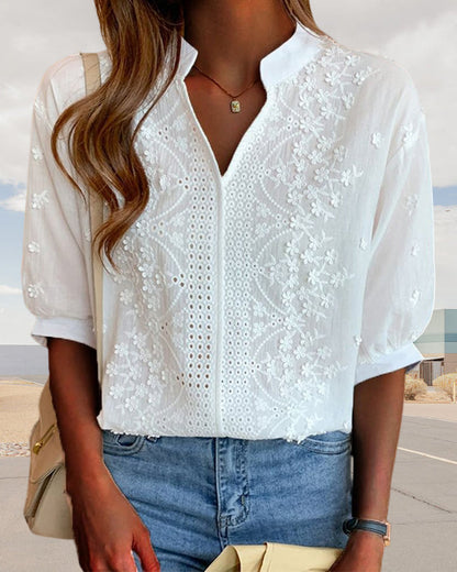V-Neck Puff Sleeve White Blouse