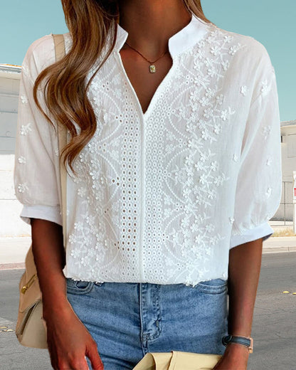 V-Neck Puff Sleeve White Blouse