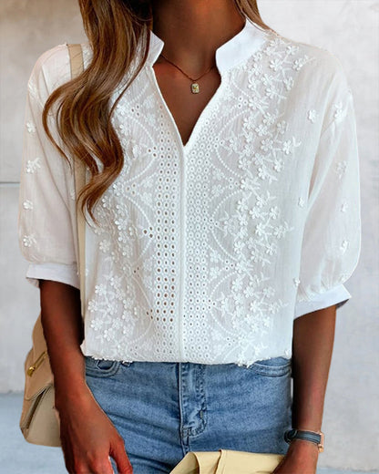 V-Neck Puff Sleeve White Blouse