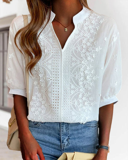 V-Neck Puff Sleeve White Blouse