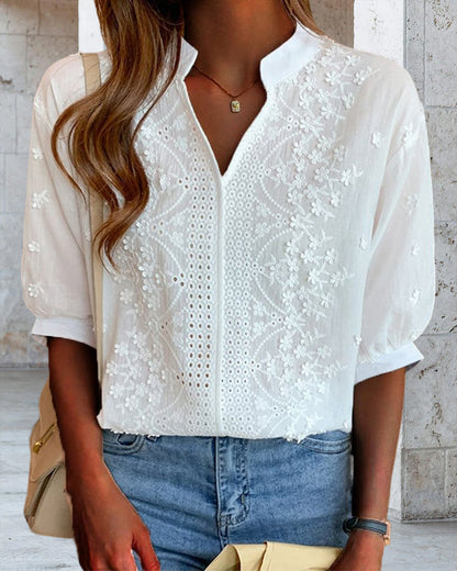 V-Neck Puff Sleeve White Blouse