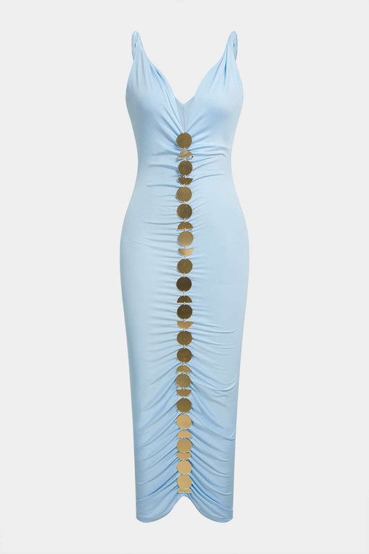 V-Neck Ruched Midi Dress