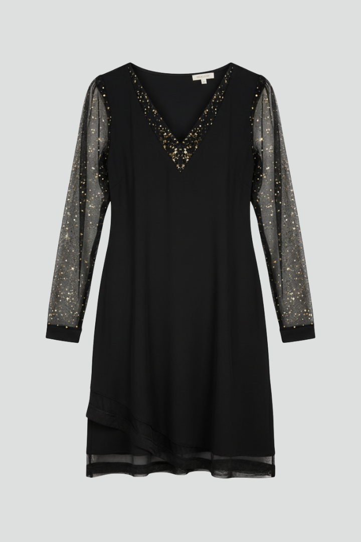 V-Neck Sequin Sleeve Black Cocktail Dress