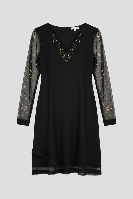 V-Neck Sequin Sleeve Black Cocktail Dress