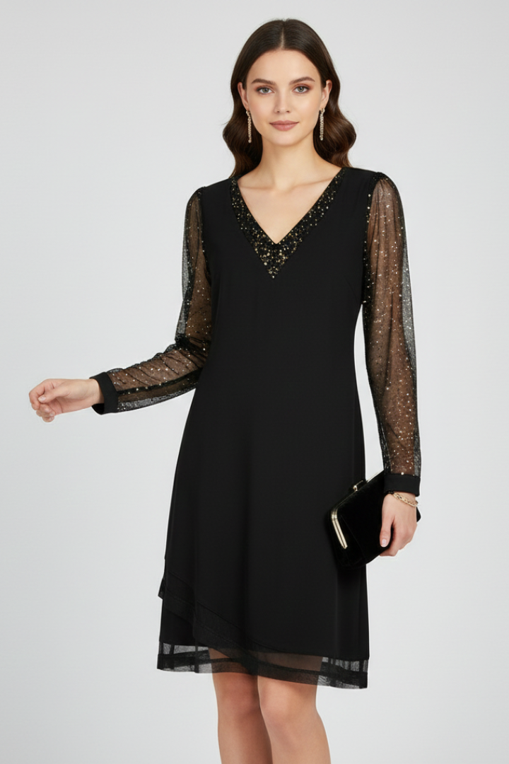 V-Neck Sequin Sleeve Black Cocktail Dress