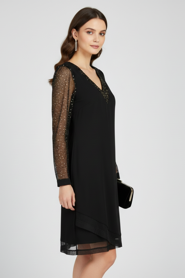 V-Neck Sequin Sleeve Black Cocktail Dress