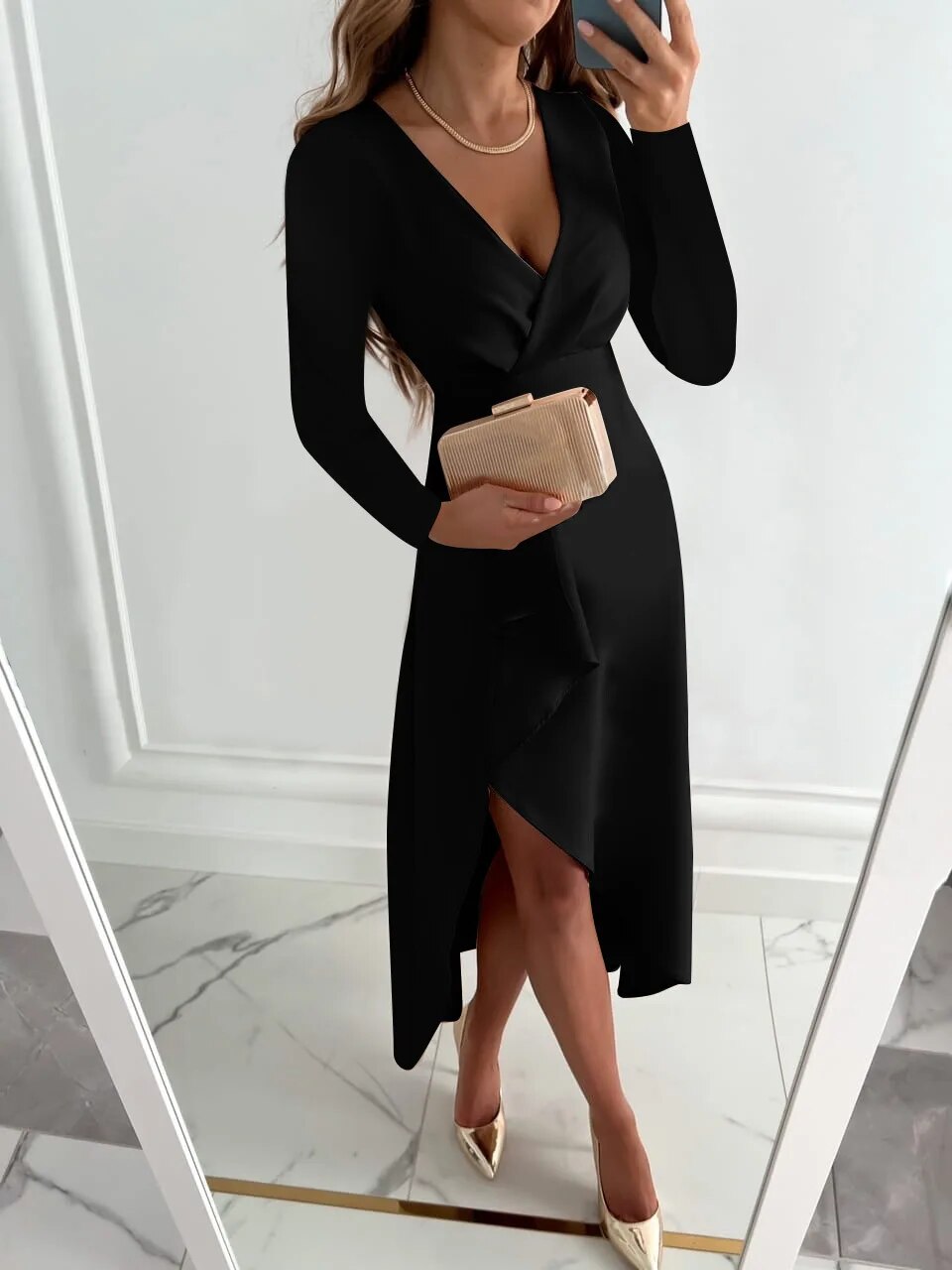 V-Neck Slit Detail Midi Dress