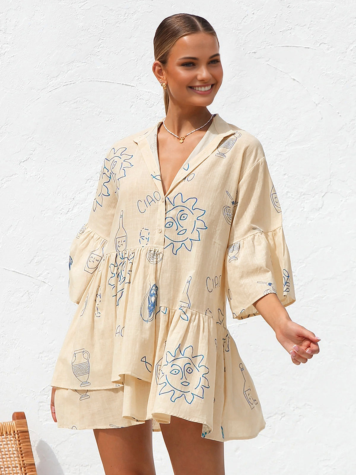 V-Neck Woven Fabric White Dress