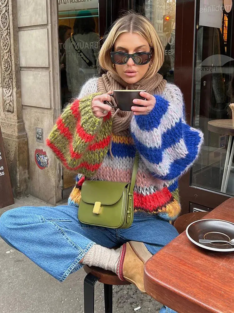 Vibrant Knit Pattern Crew Neck Sweater