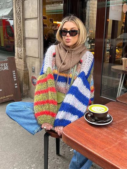 Vibrant Knit Pattern Crew Neck Sweater