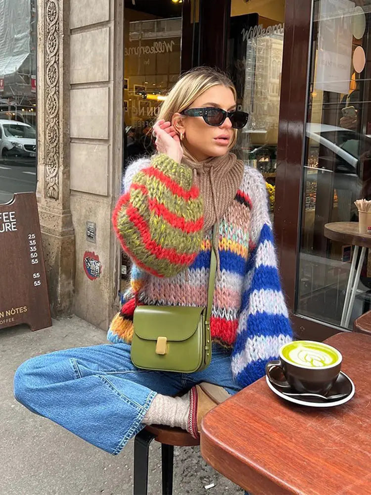 Vibrant Knit Pattern Crew Neck Sweater