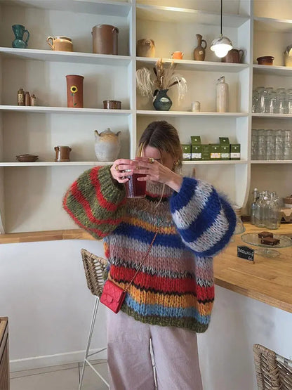 Vibrant Knit Pattern Crew Neck Sweater