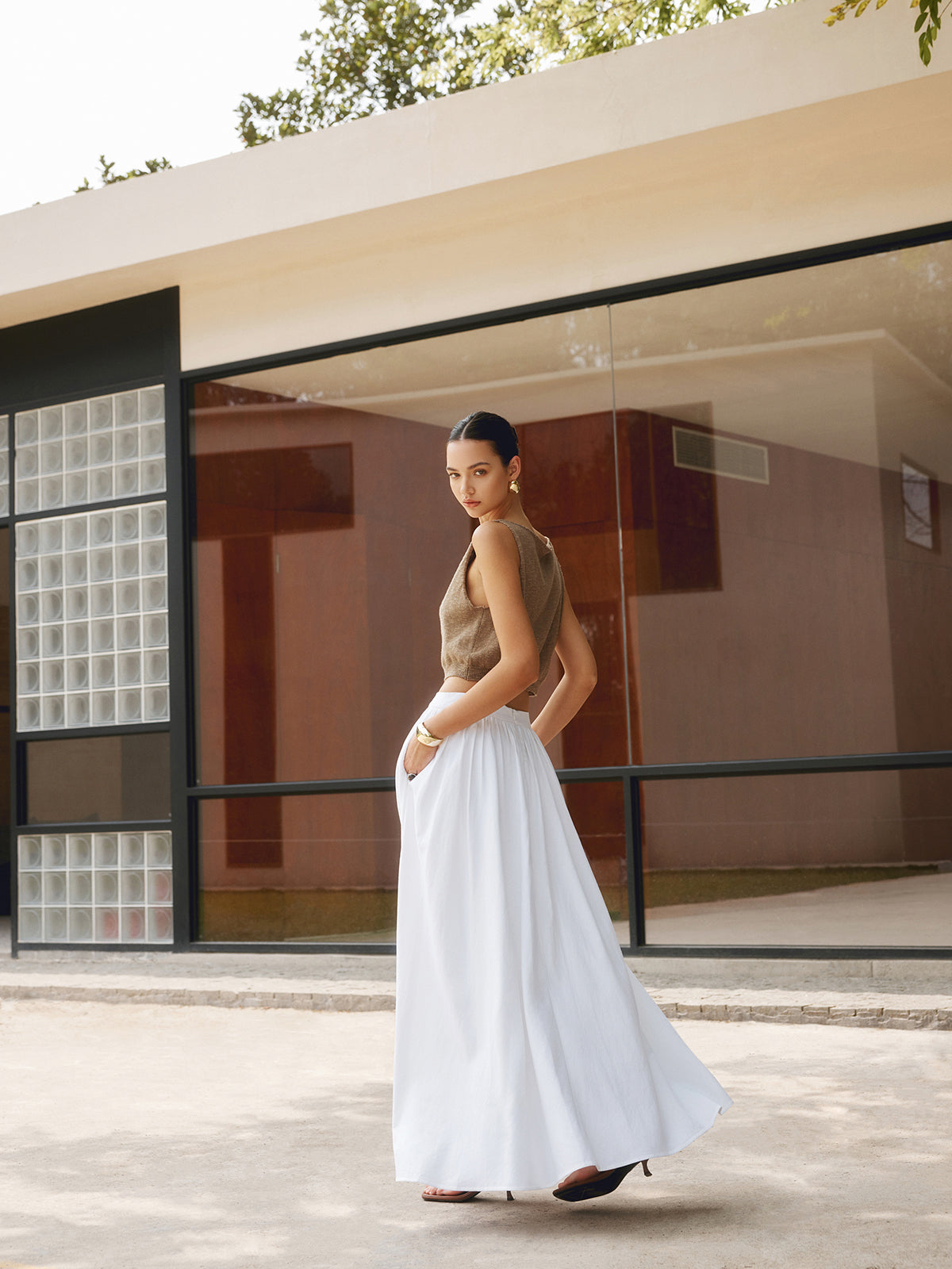 Viscose Linen Pleated Maxi Skirt