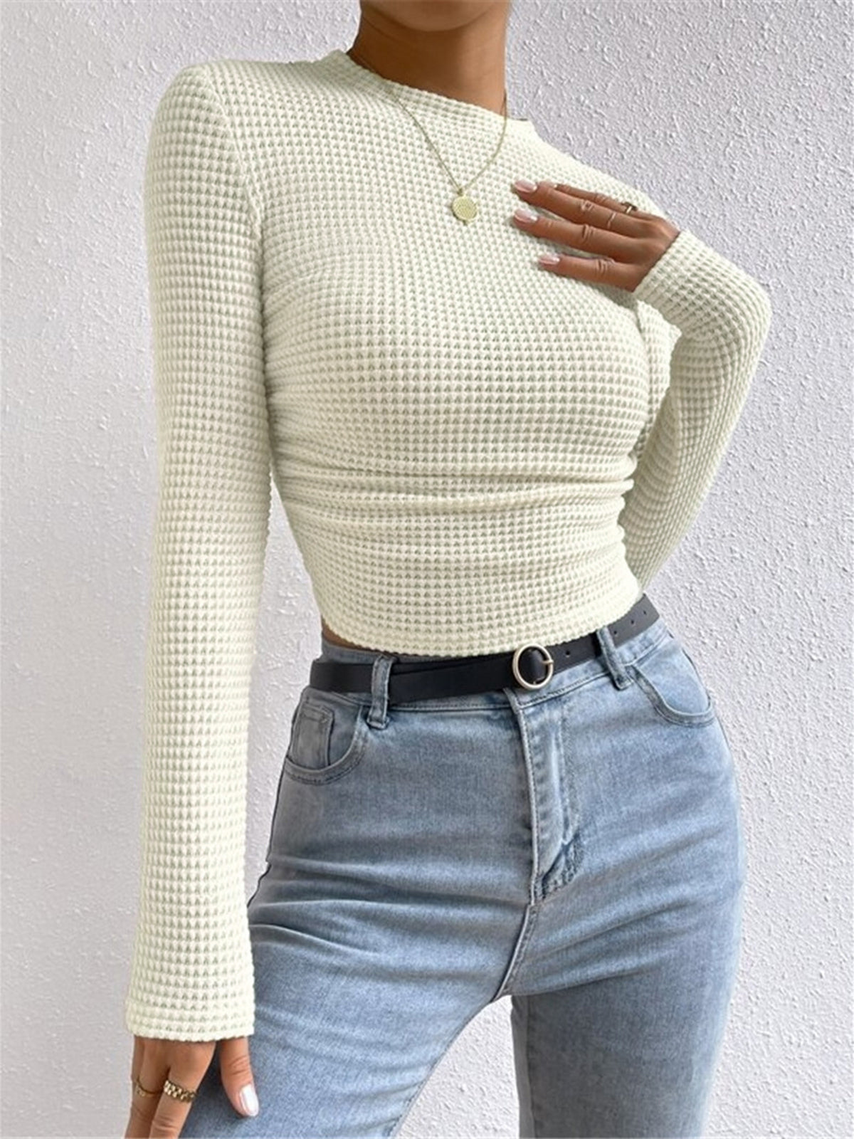 Waffle Knit Crew Neck Sweater